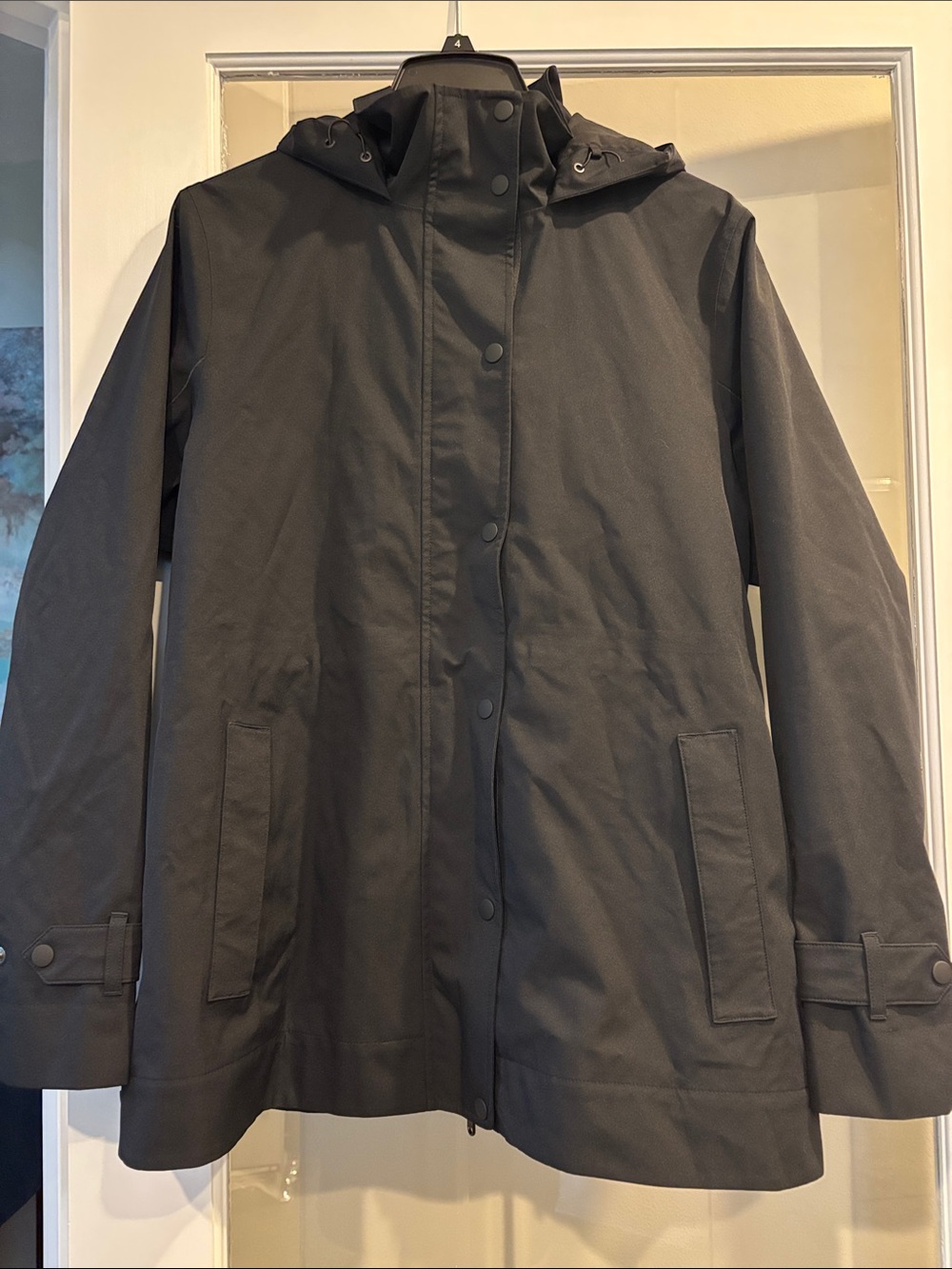 Athleta Women’s Black Hooded Raincoat with Snap Front